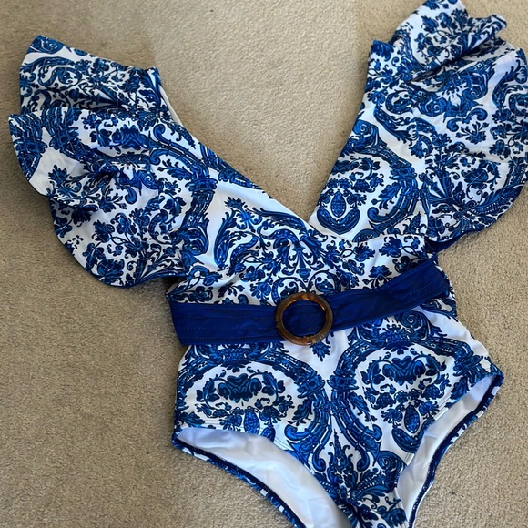 Dolce & Gabanna Inspired Blue & White Ruffle Belted Swimsuit - Picture 5 of 7